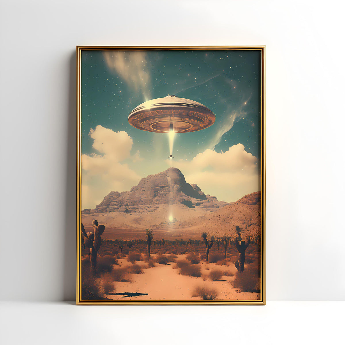 a painting of a flying saucer above a desert landscape