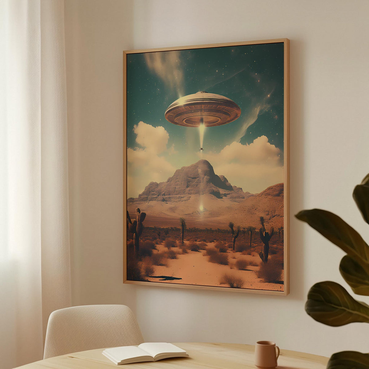 a painting of a flying saucer above a desert landscape