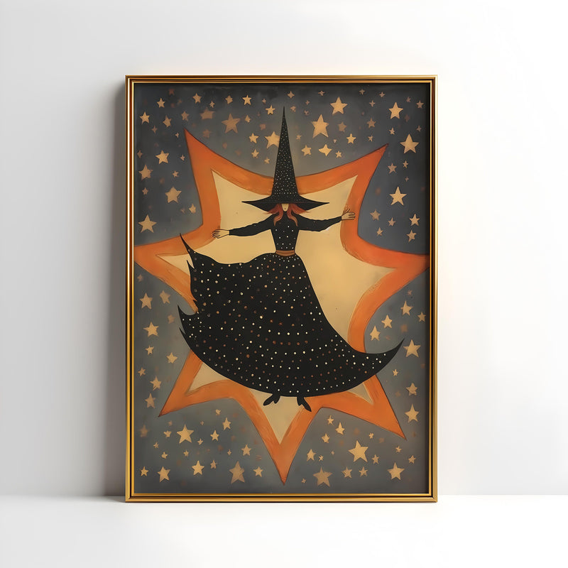 a painting of a witch on a star background