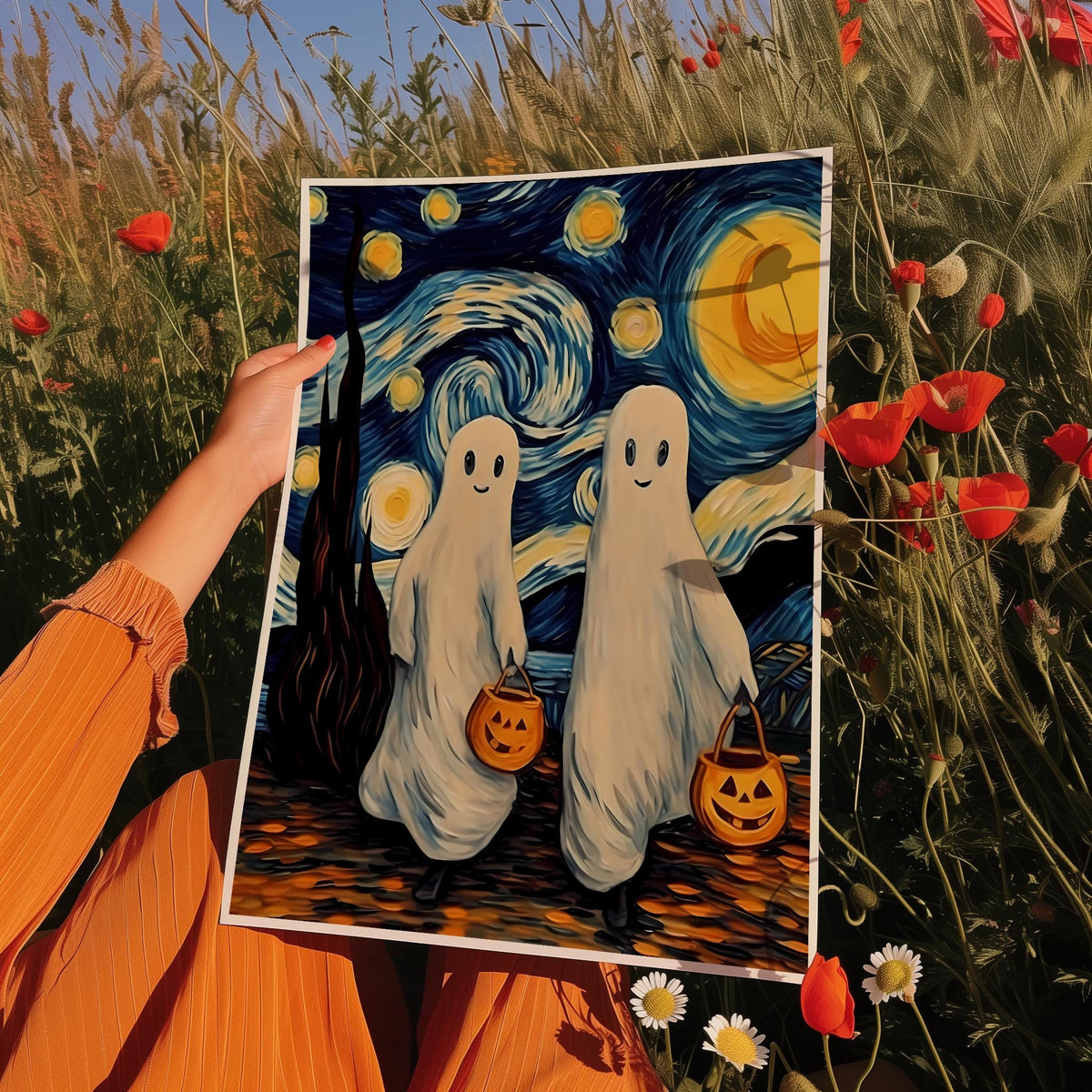 a person holding up a painting of two ghostes
