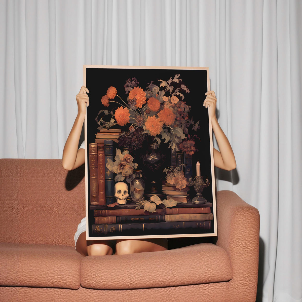 a woman holding up a picture of a vase of flowers