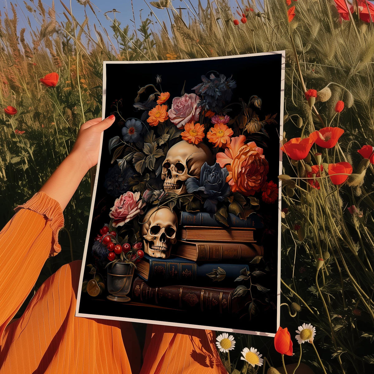 a woman holding up a painting of a skull and flowers
