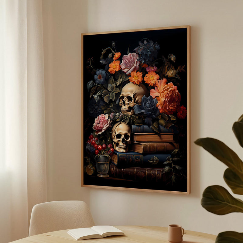 a painting of a skull and flowers on a table