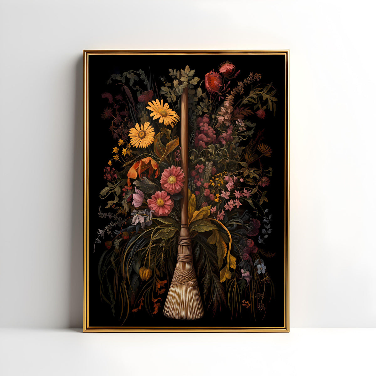 a painting of a broom and flowers on a black background