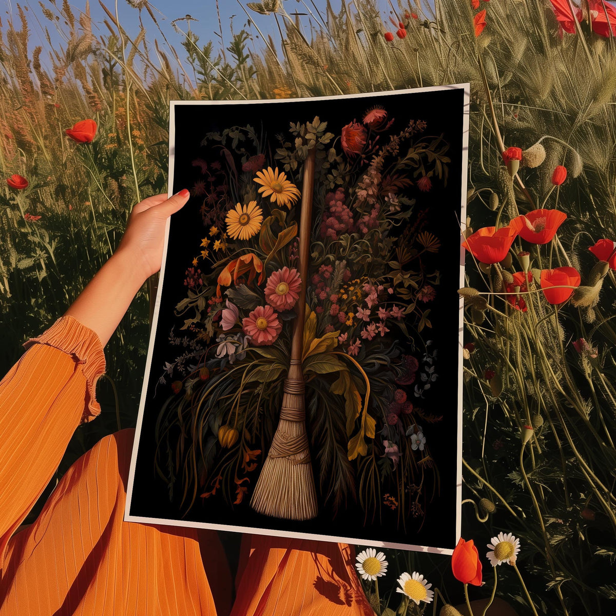 a woman holding up a painting of a broom in a field of flowers