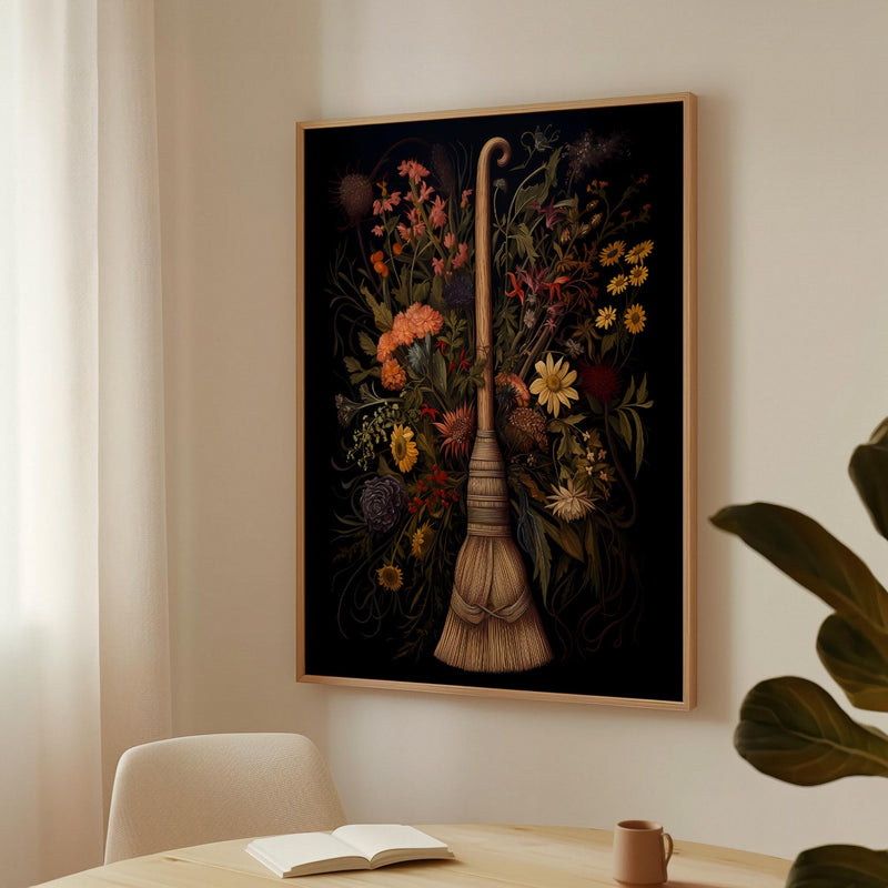 a painting of a broom and flowers on a wall
