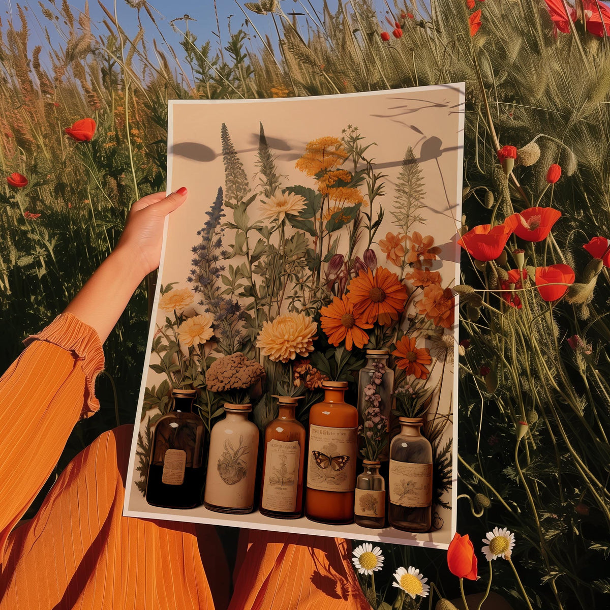 a woman holding a painting of flowers and jars