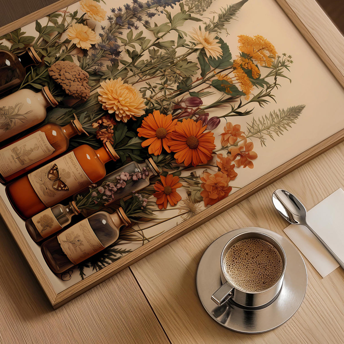 a cup of coffee sitting on top of a wooden table