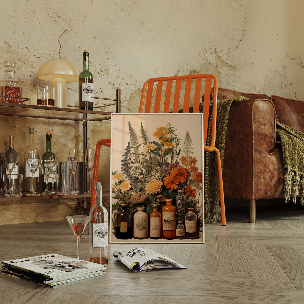 a picture of flowers and bottles on a table