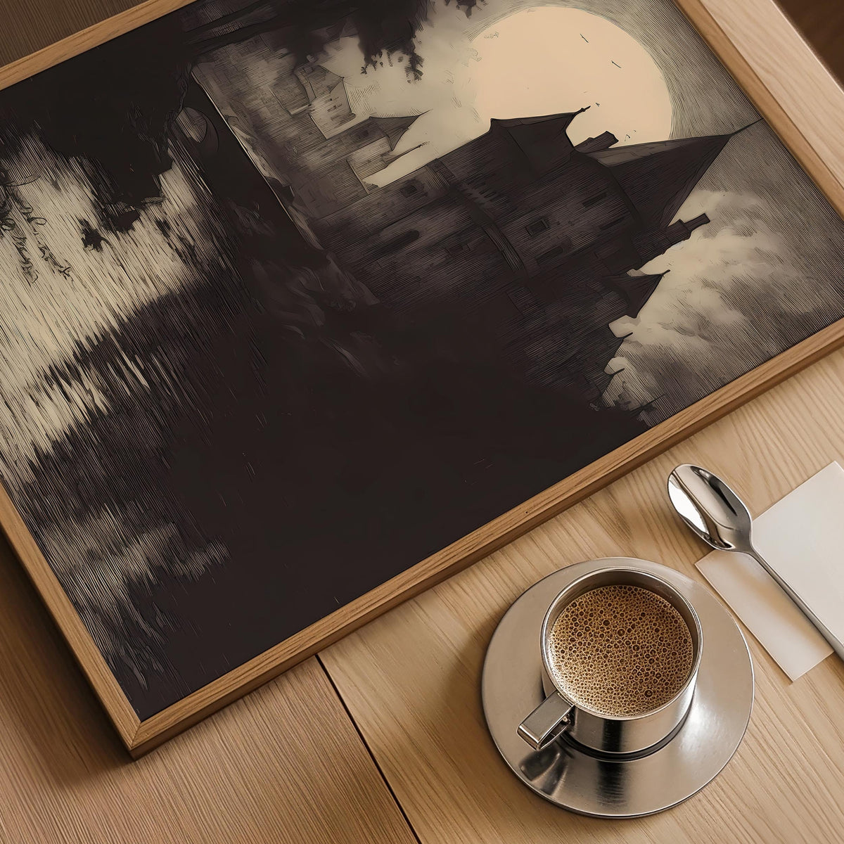 a cup of coffee sitting on top of a wooden table