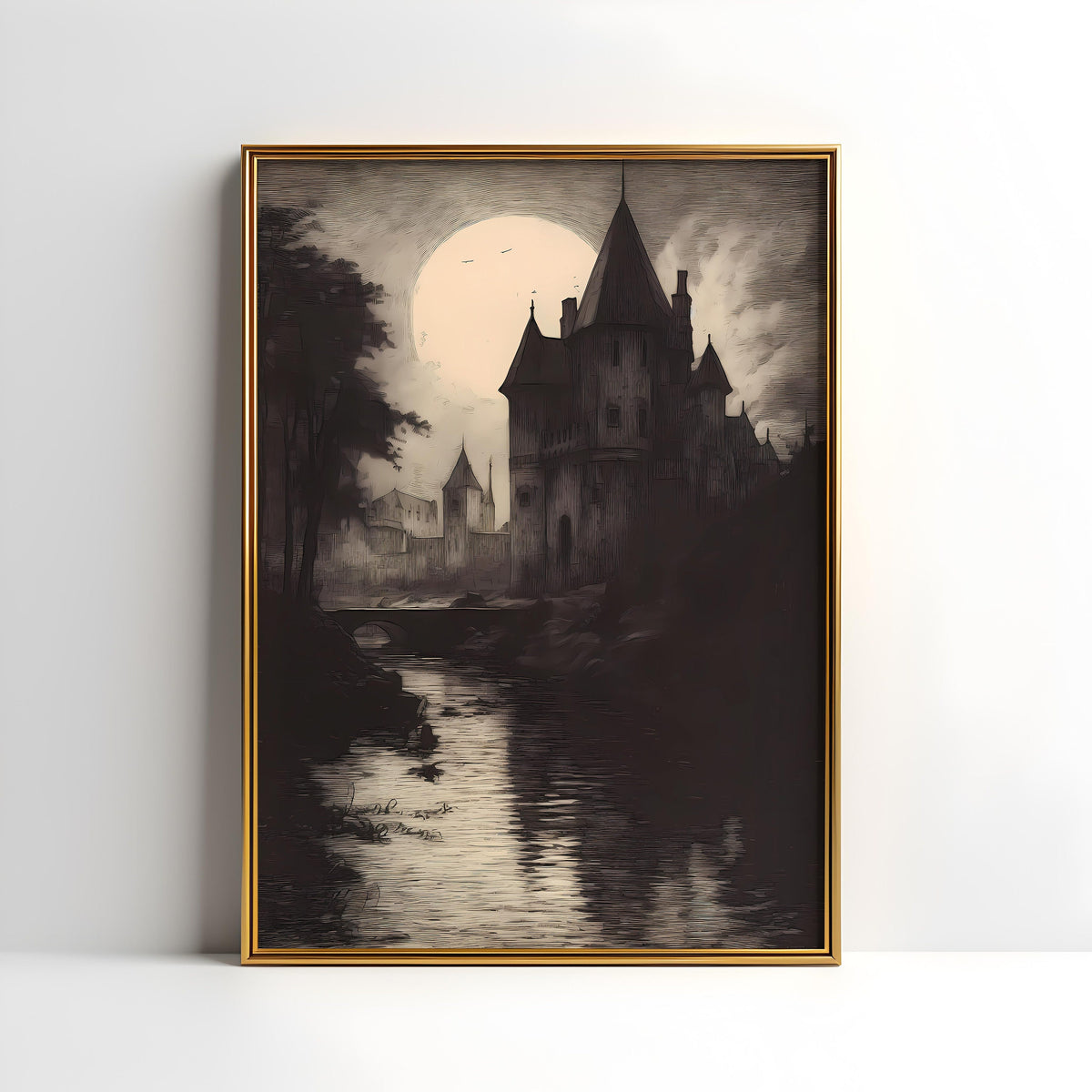 a black and white painting of a castle by a river