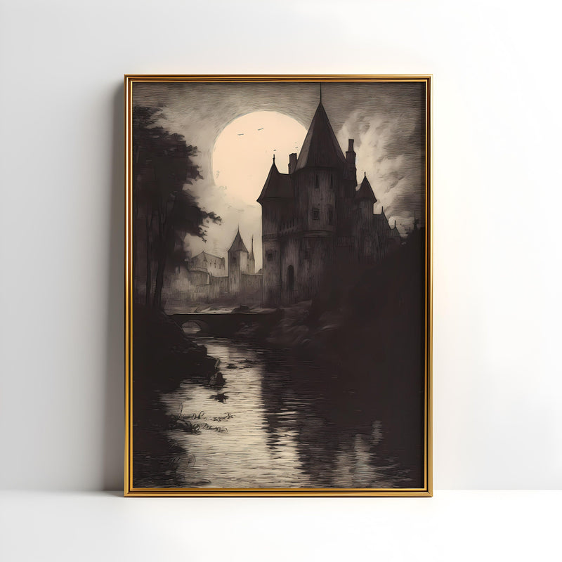 a black and white painting of a castle by a river