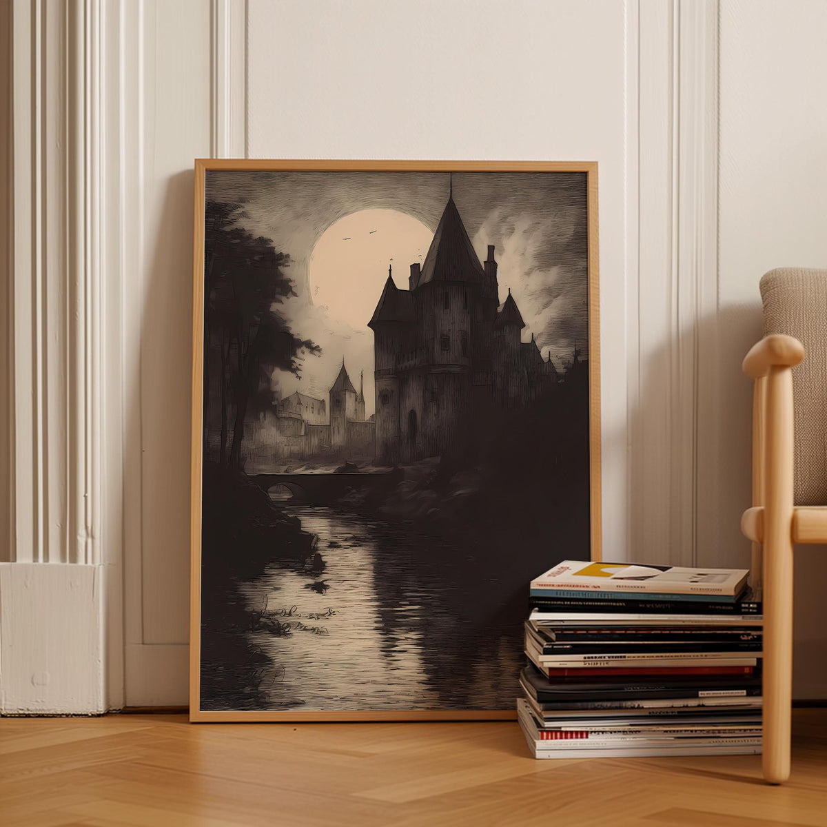 a picture of a castle on a wall next to a chair