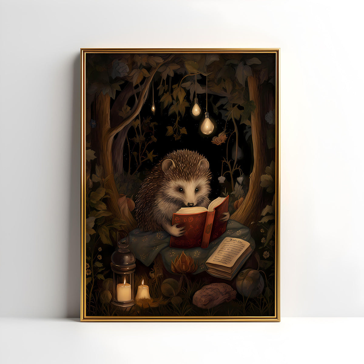 a painting of a hedge reading a book