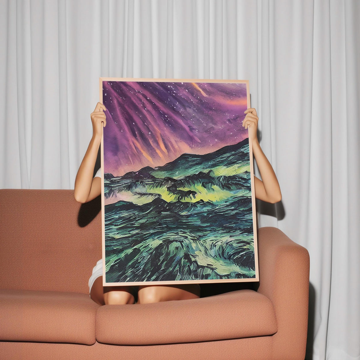 a woman holding up a painting of a purple sky