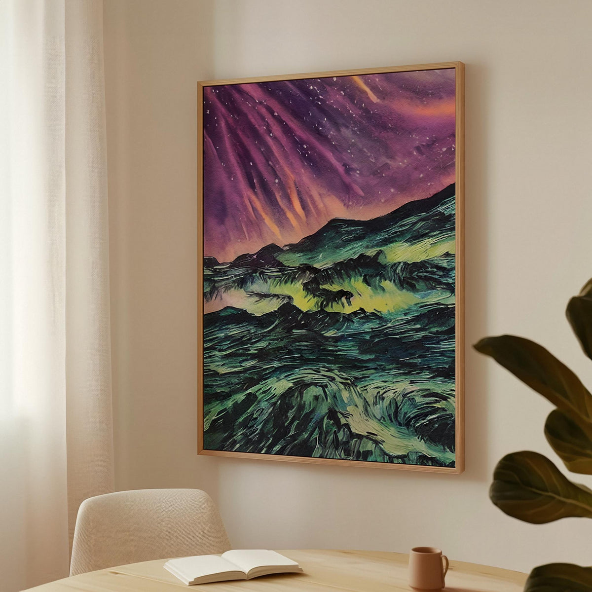 a painting hanging on a wall above a table