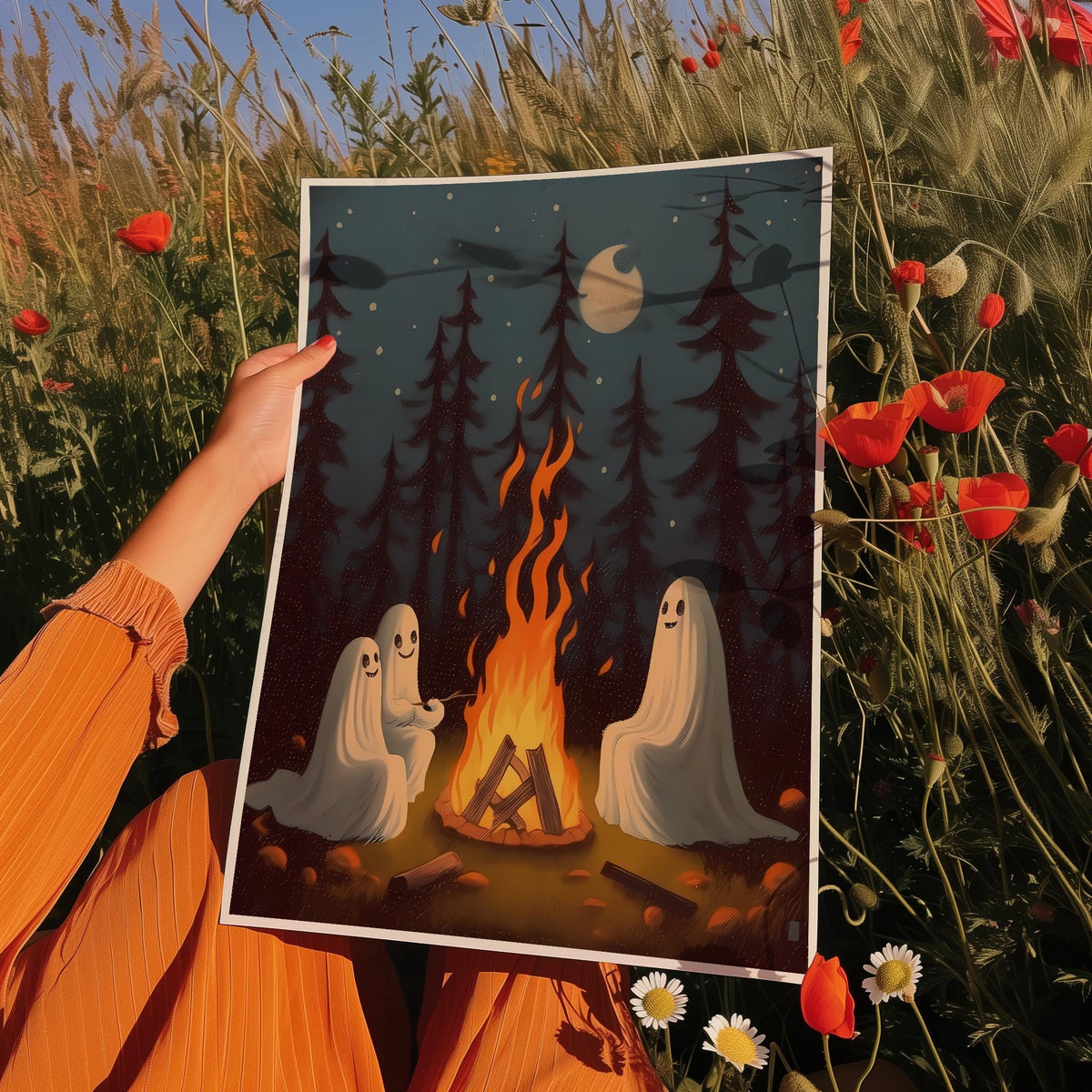 a person holding up a picture of two ghostes in front of a campfire