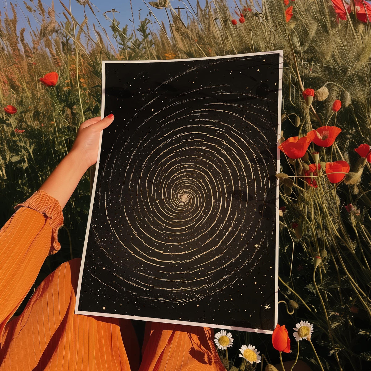 a person holding up a picture of a star in a field of flowers