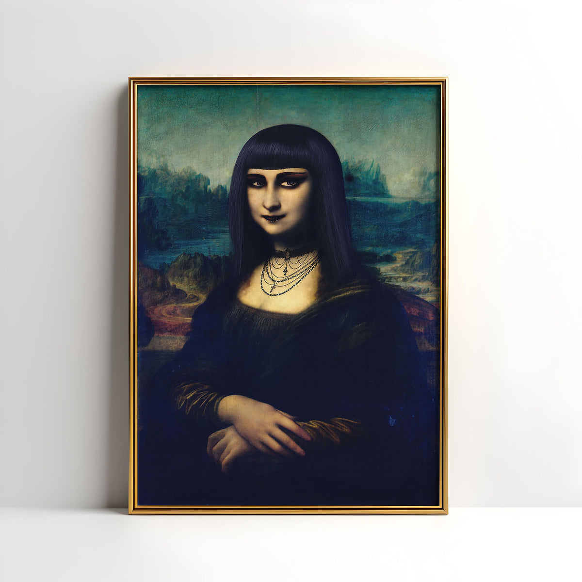 a painting of a woman with long black hair