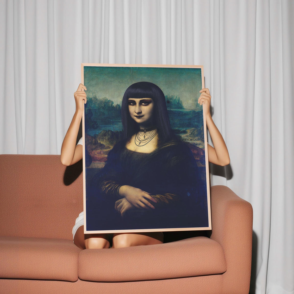 a woman holding up a painting of a woman in a black dress