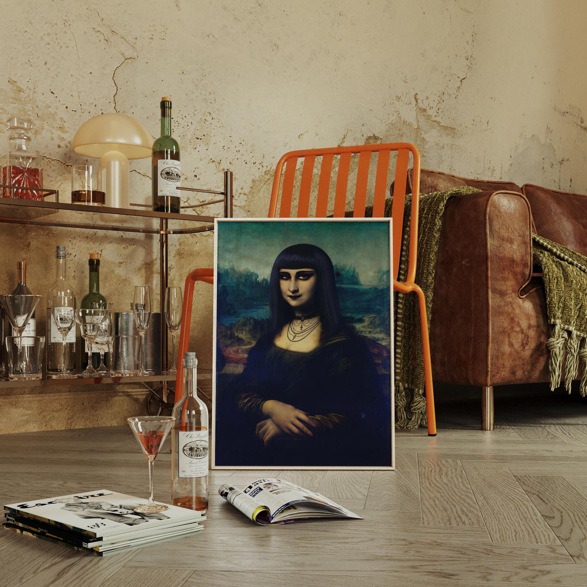 a painting of a woman sitting on a table next to a bottle of wine