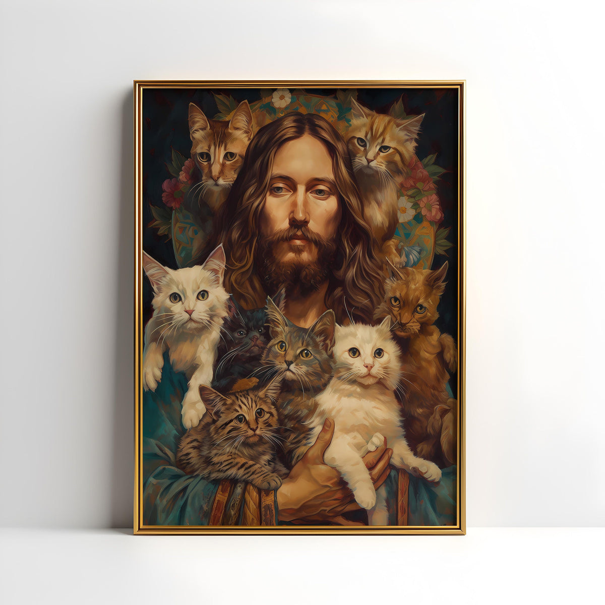 a painting of jesus surrounded by cats