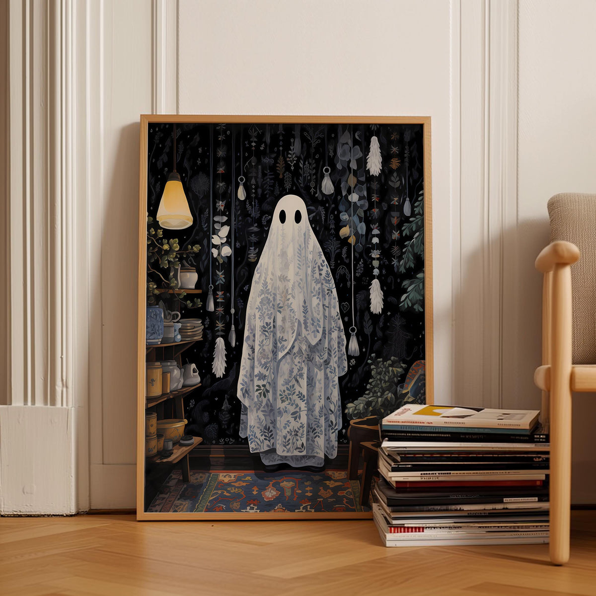 a picture of a ghost standing in front of a bookshelf