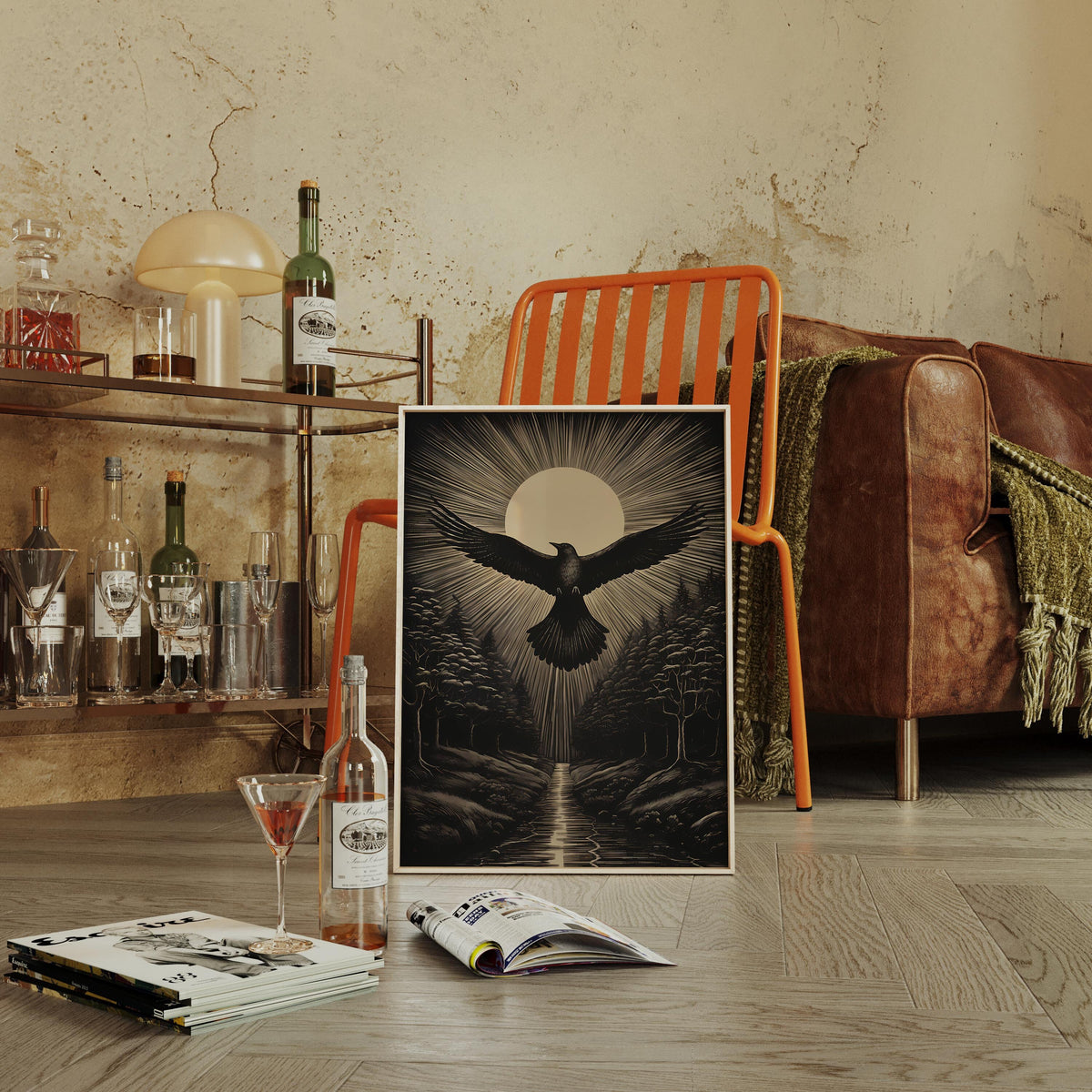 a picture of a bird on a table next to a book and a wine glass