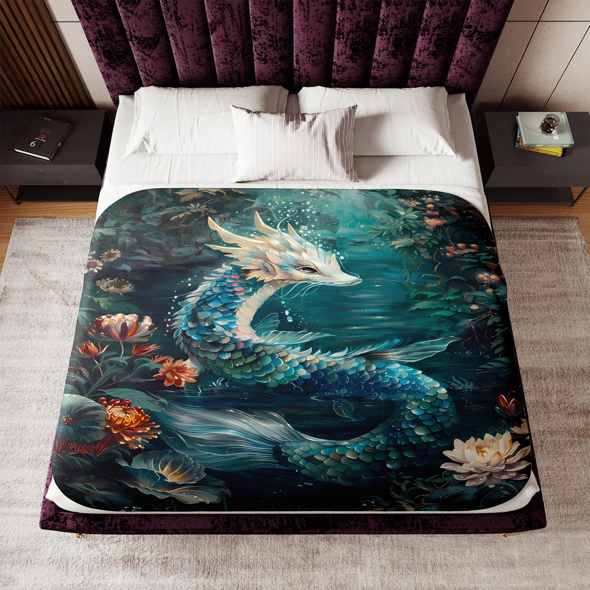 a bed with a painting of a mermaid on it