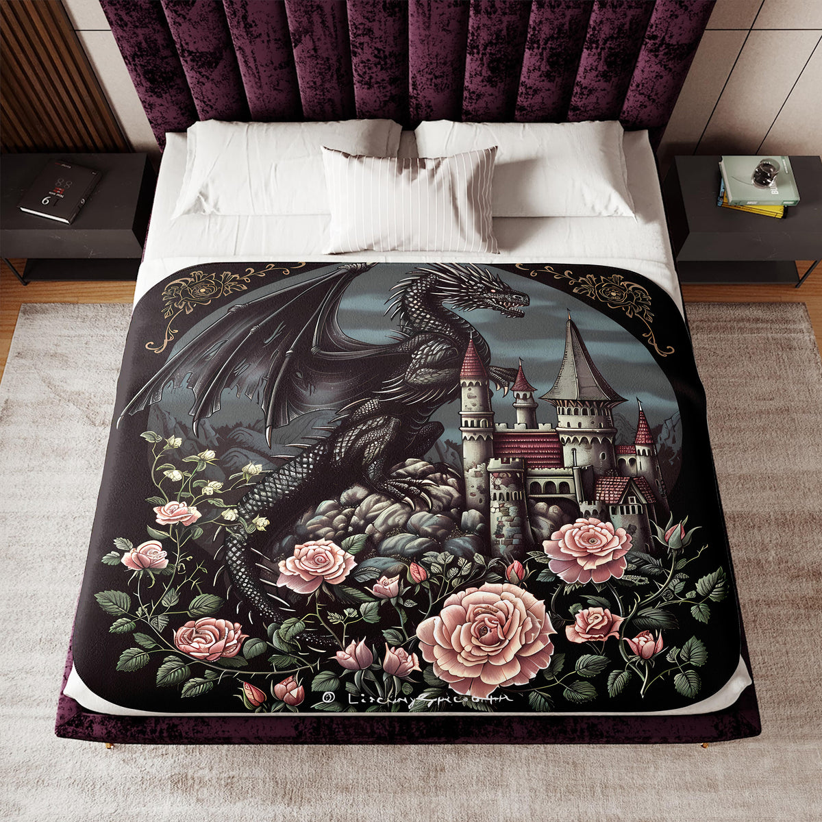 a bed with a dragon and roses on it