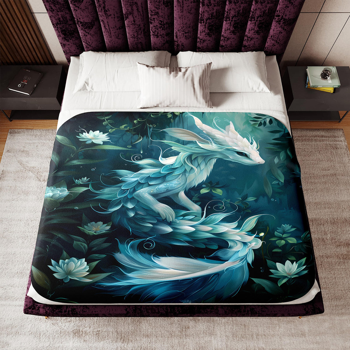 a bed with a painting of a fish on it