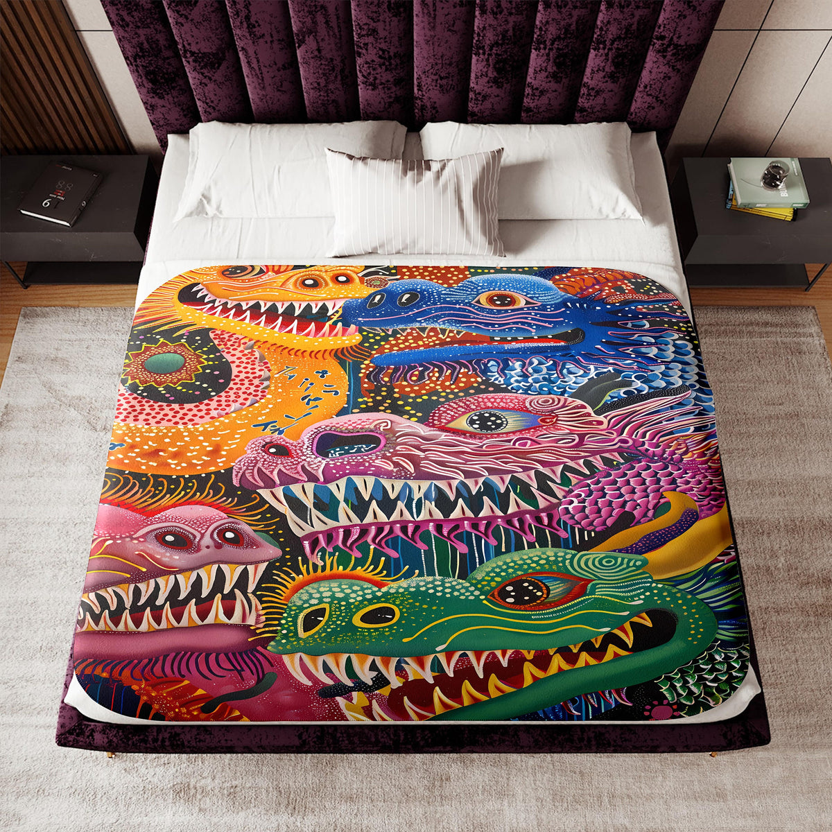 a bed with a colorful comforter and pillows on top of it