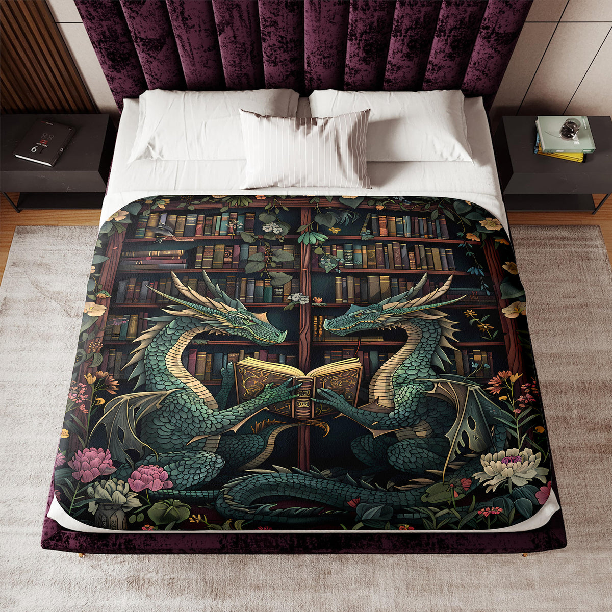 a bed with a bookcase and a dragon reading a book
