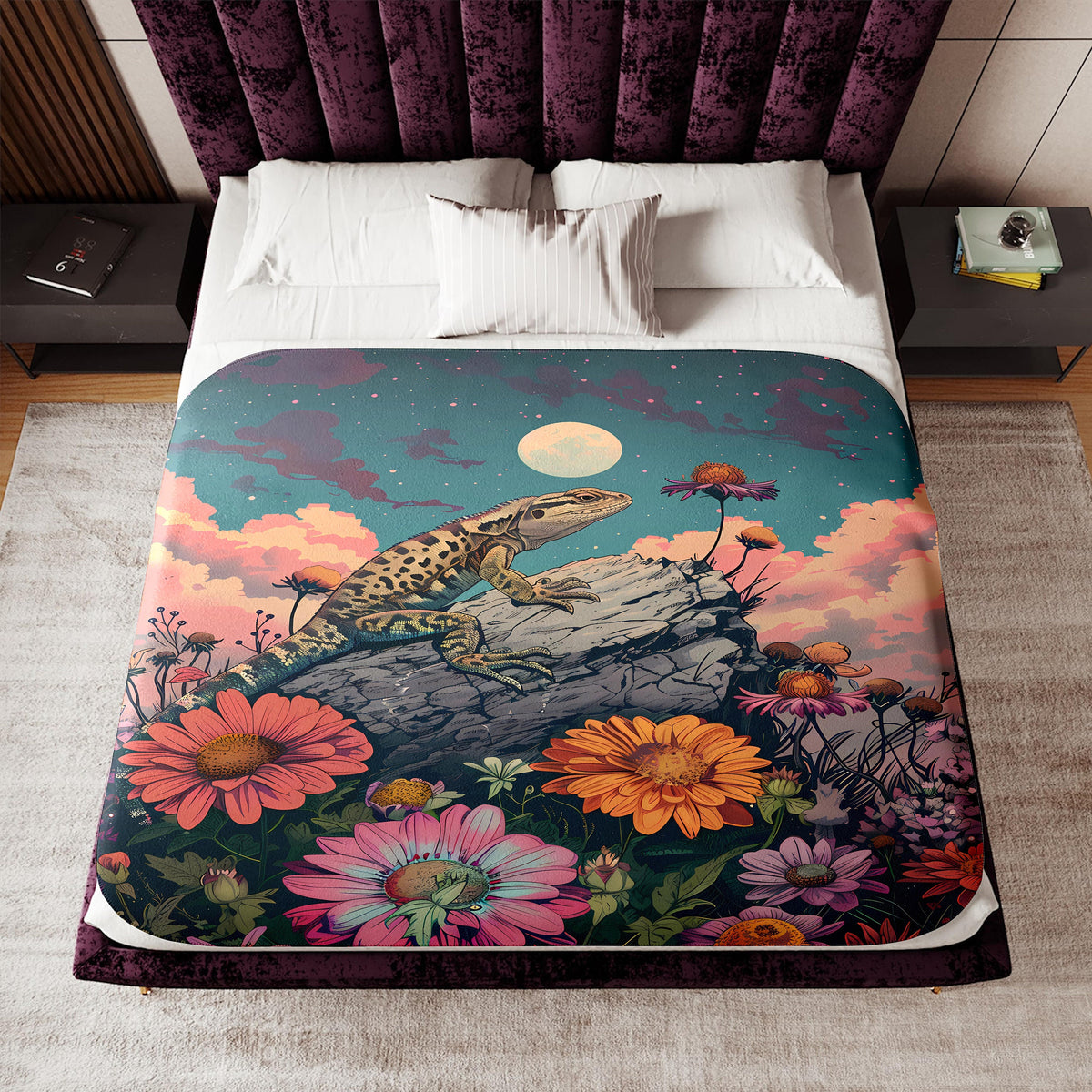 a bed with a picture of a lizard on it