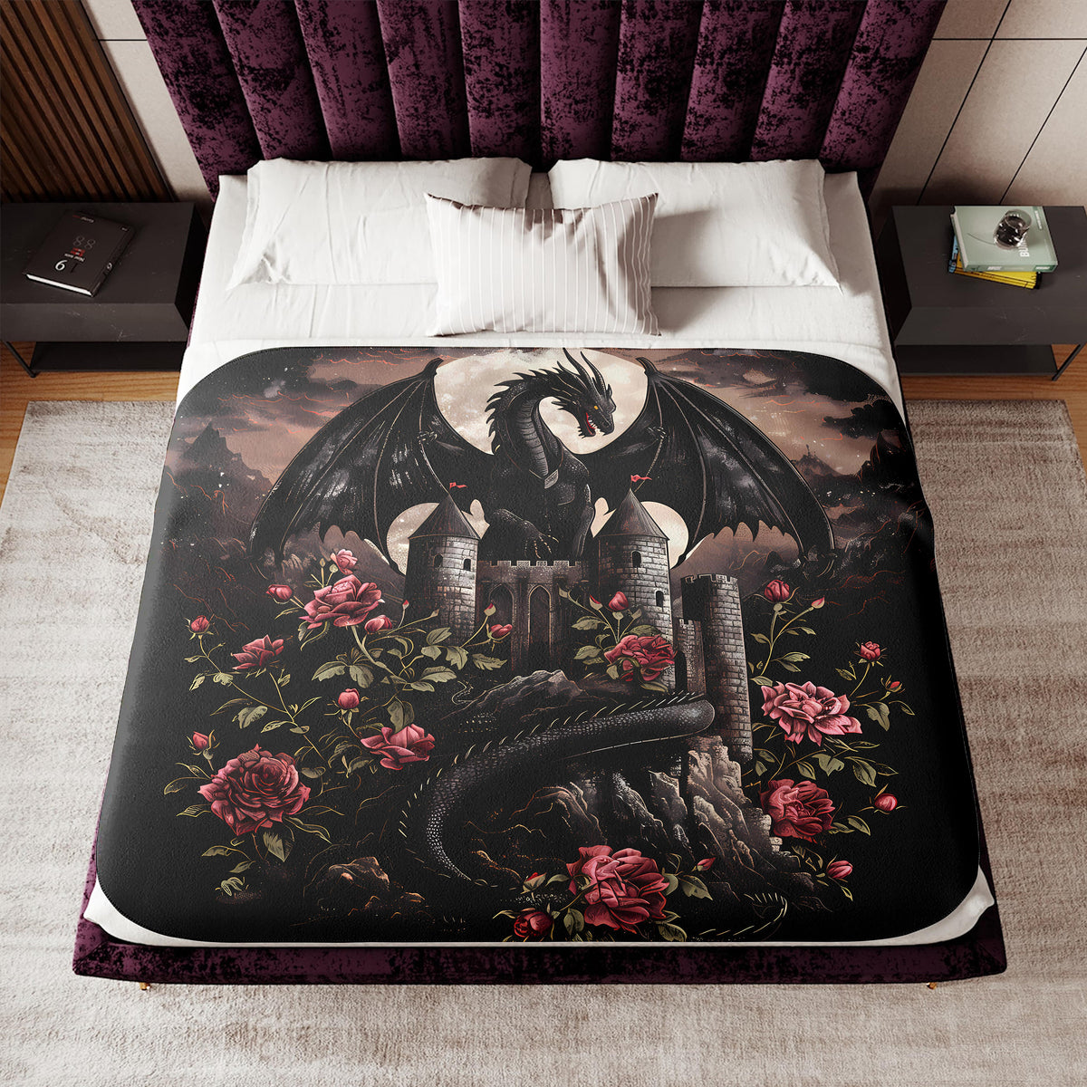 a bed with a black dragon on it