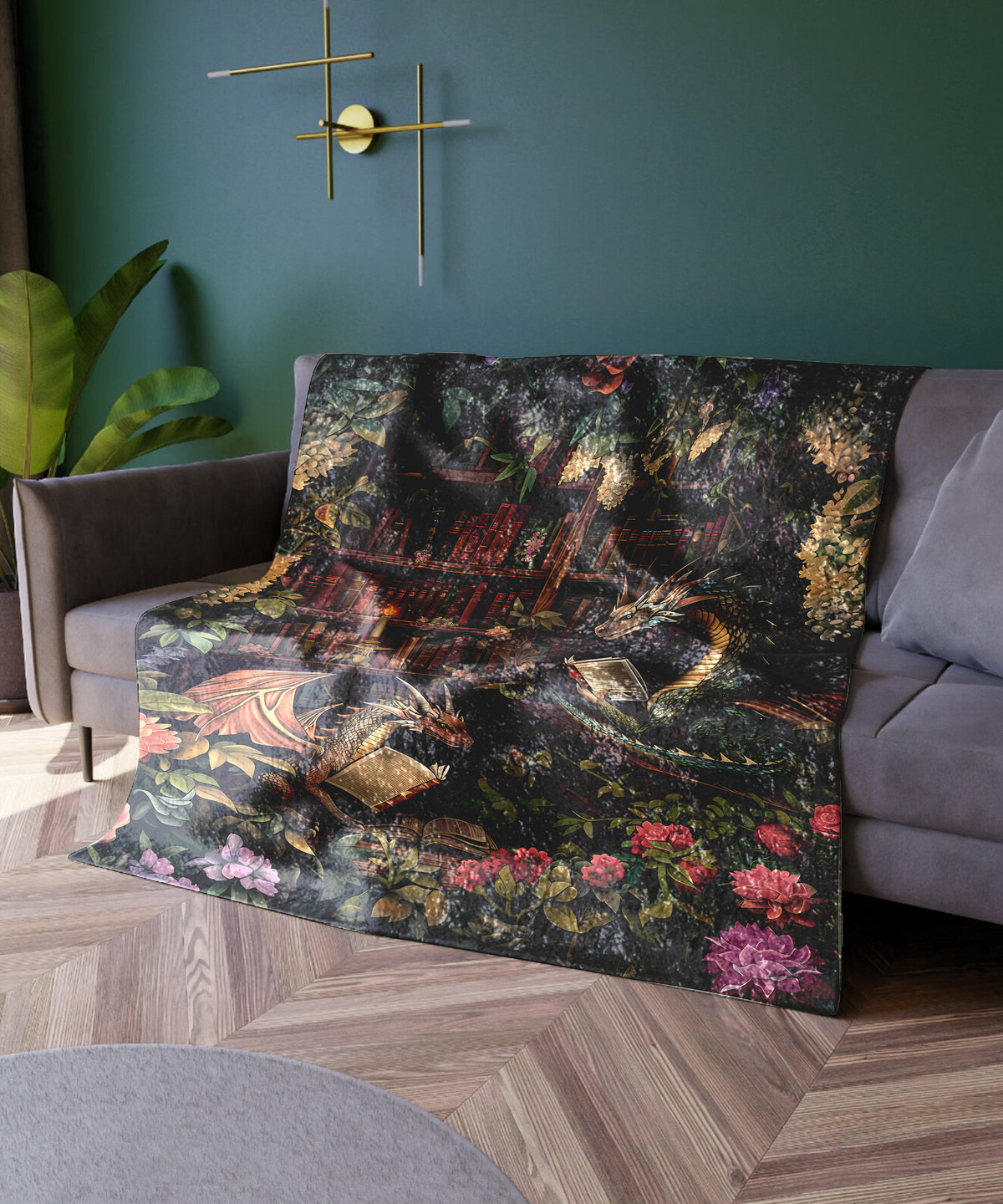 a living room with a couch and a painting on the wall