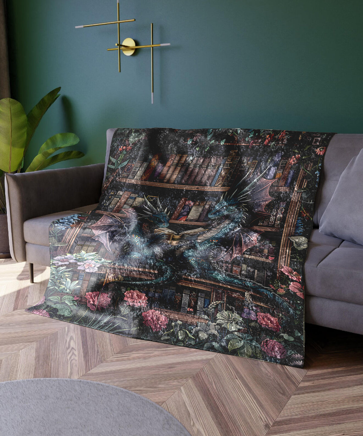 a living room with a couch and a book shelf