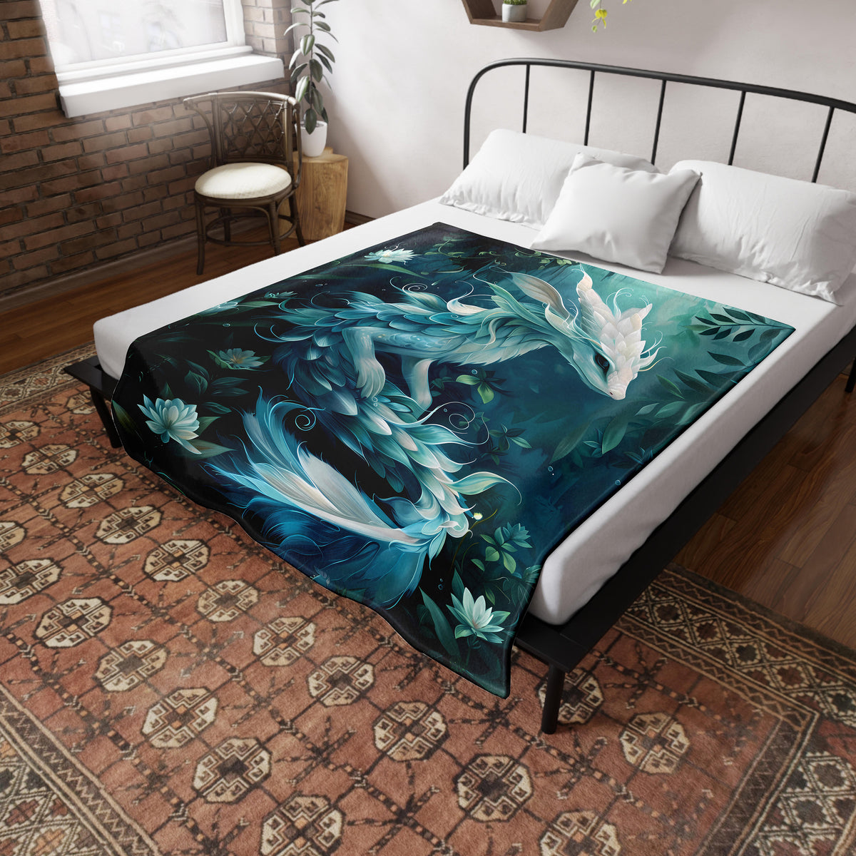 a bed with a painting on it in a room
