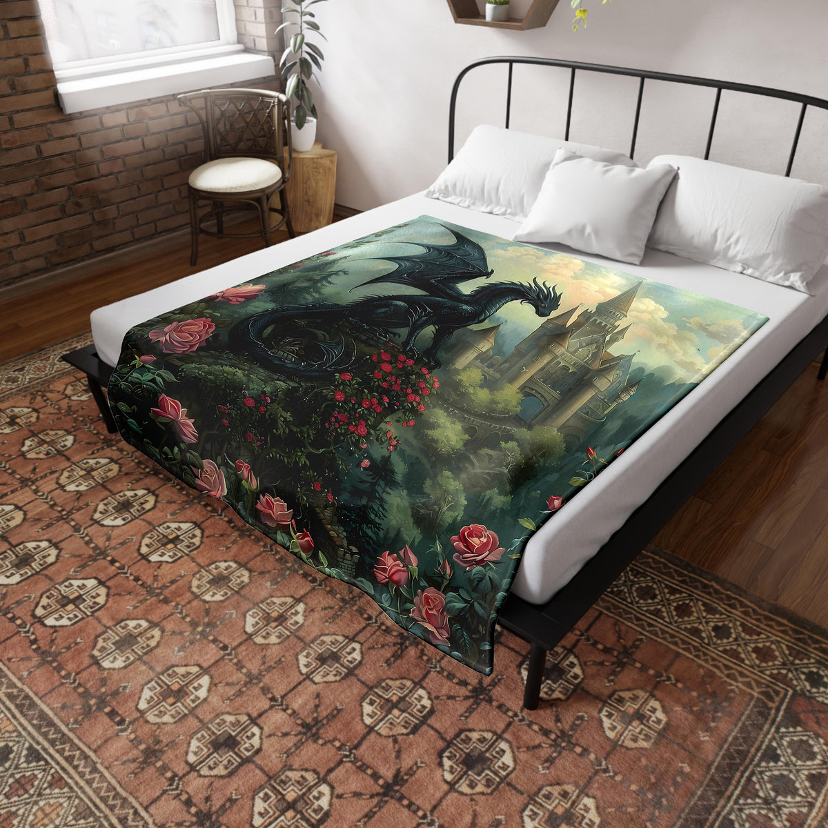 a bed with a picture of a dragon on it