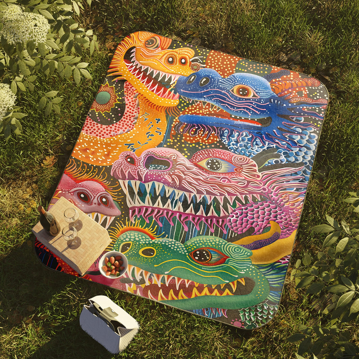 a painting of a dragon and a dog laying on the grass