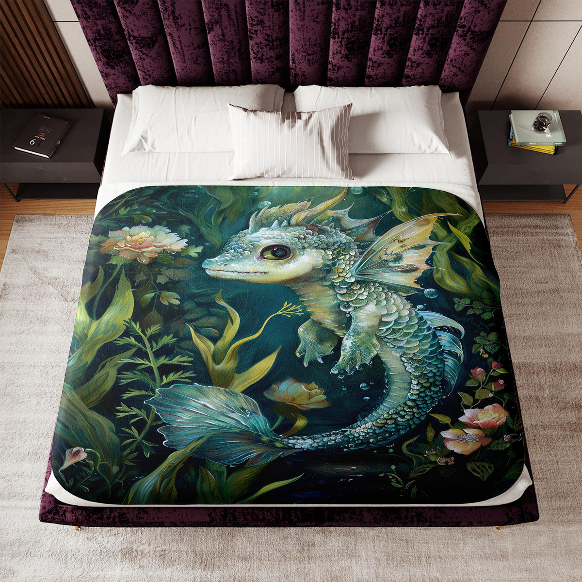 a bed with a painting of a dragon on it