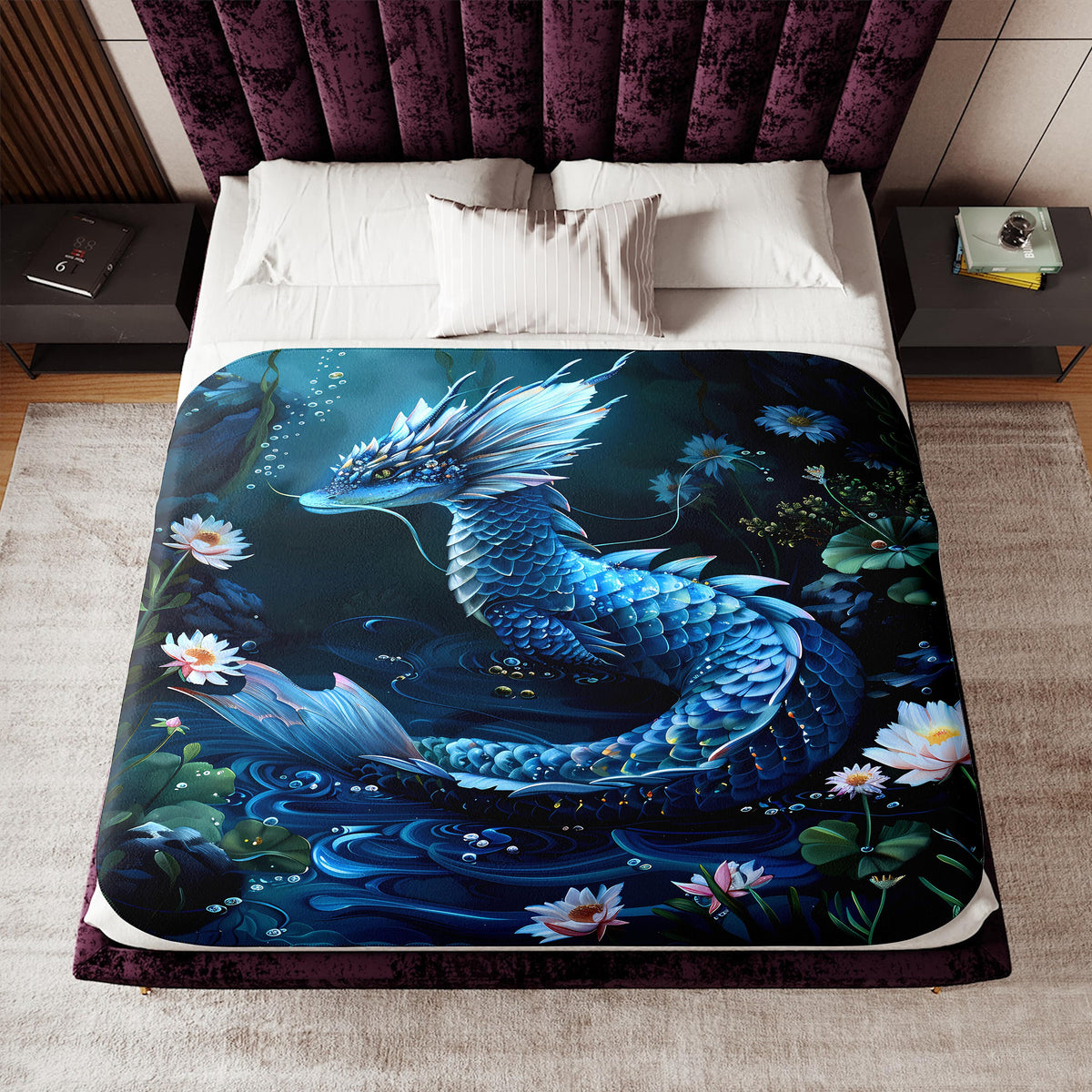 a bed with a blue dragon on it