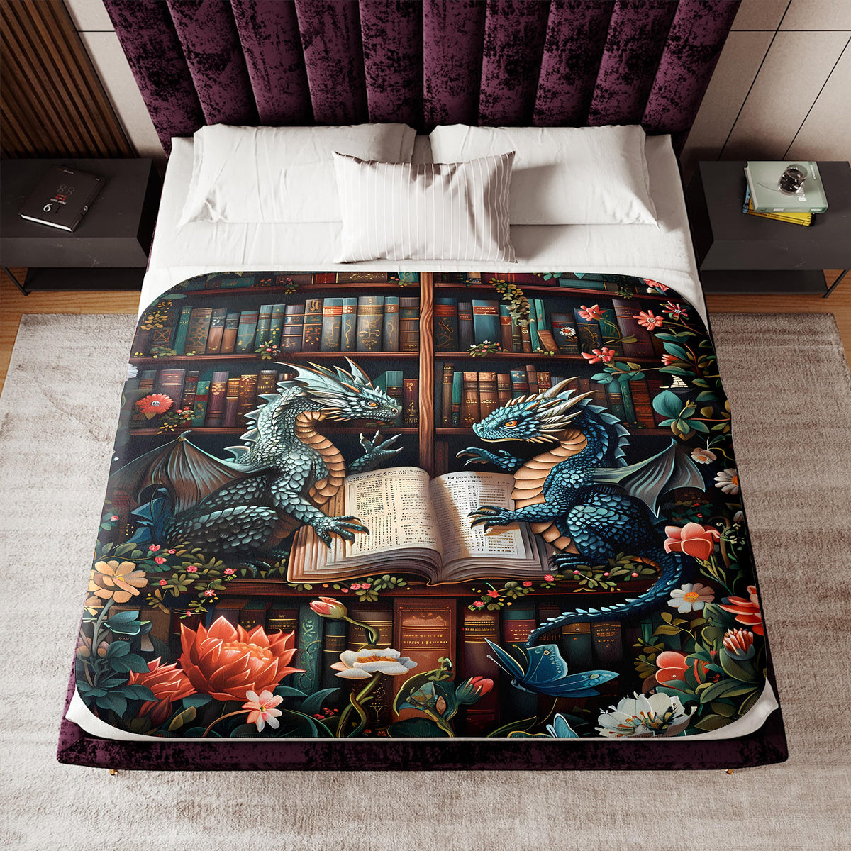 a bed with a book and a dragon on it