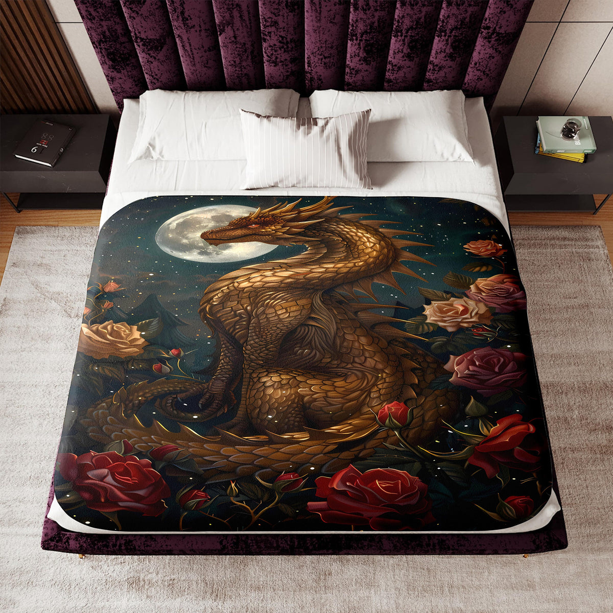 a bed with a dragon and roses on it