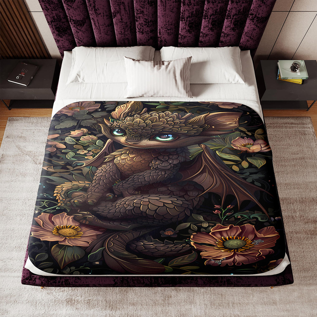 a bed with a dragon comforter on top of it