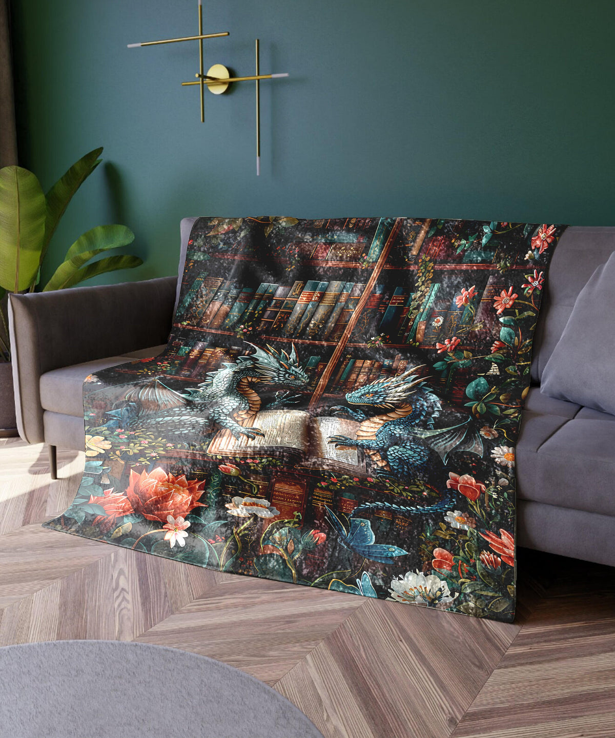 a living room with a couch and a painting on the wall