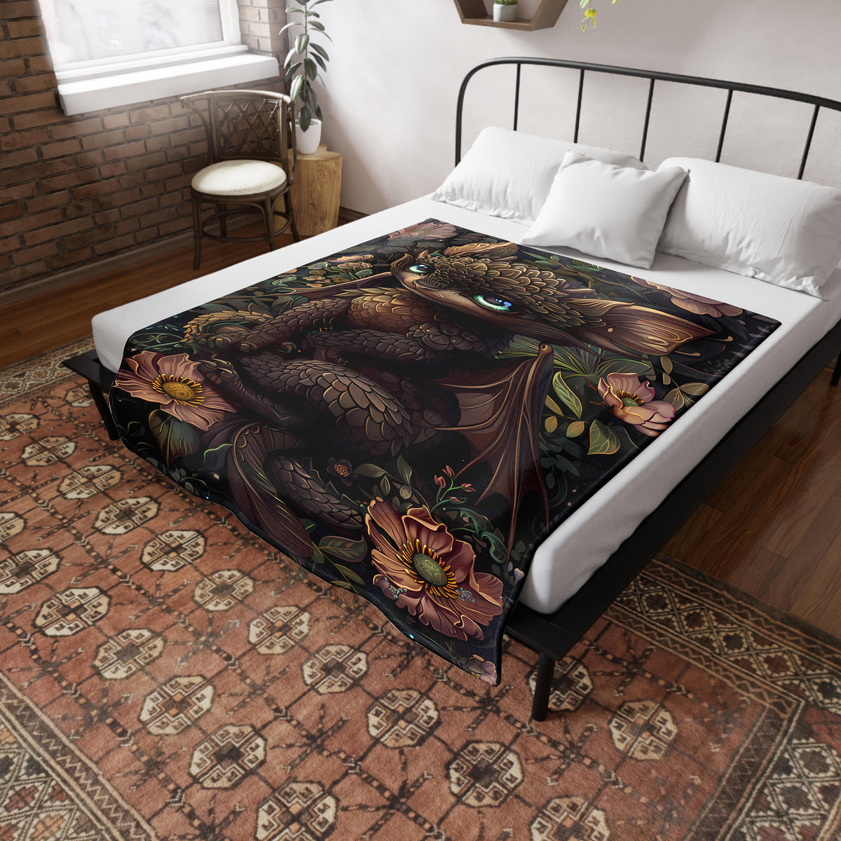 a bed with a dragon and flowers on it