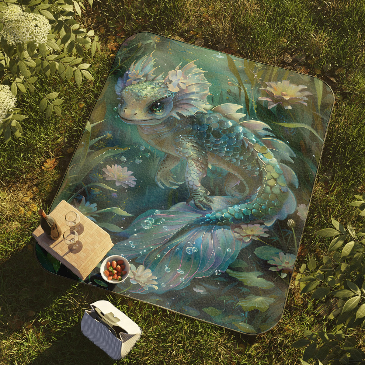 a painting of a blue dragon on a blanket