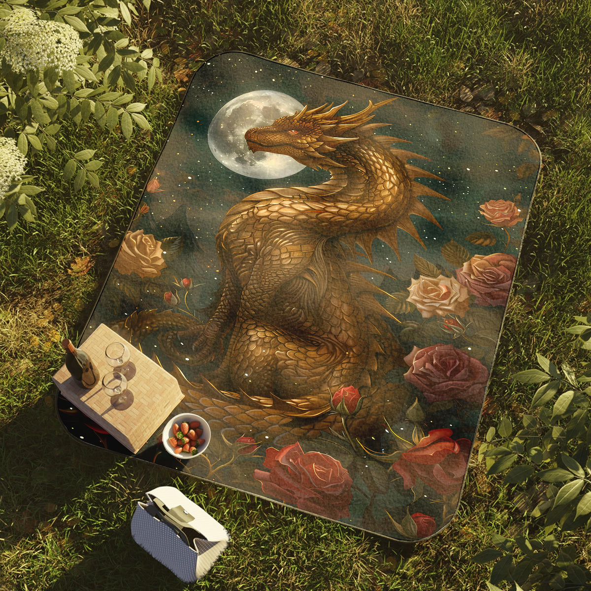 a dragon on a rug with roses and a book