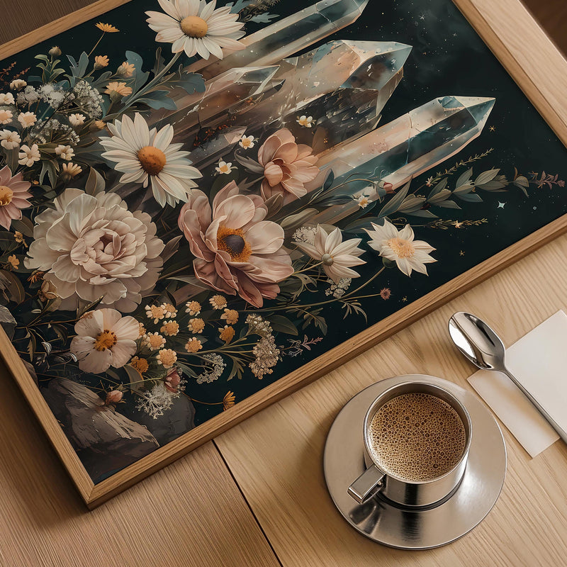 a cup of coffee sitting on top of a wooden table